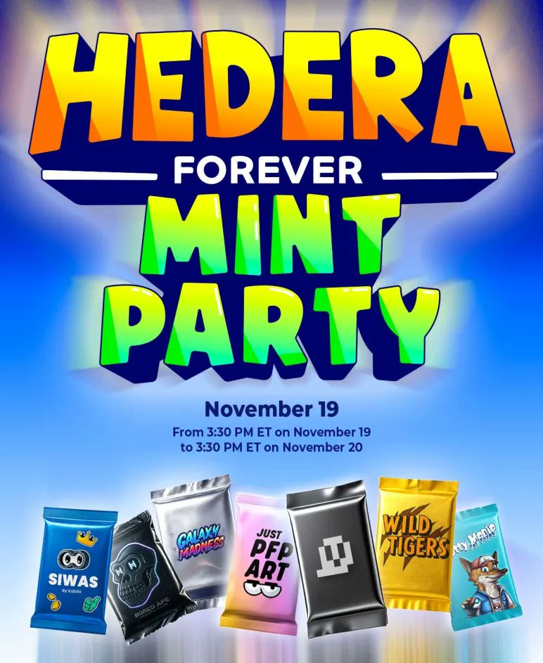 hashpack's tweet photo. The Hedera ForeverMint Party!

A 24-hour celebration:
Begins 3:30 PM ET - Nov 19
Ends 3:30 PM ET - Nov 20

The forever loop, the excitement that never taps out.

The thrill isn’t entirely the collection. 
The thrill is the pull!
The PACK. The surprise. The next one 👇 https://t.co/iW8xSgpkOe
