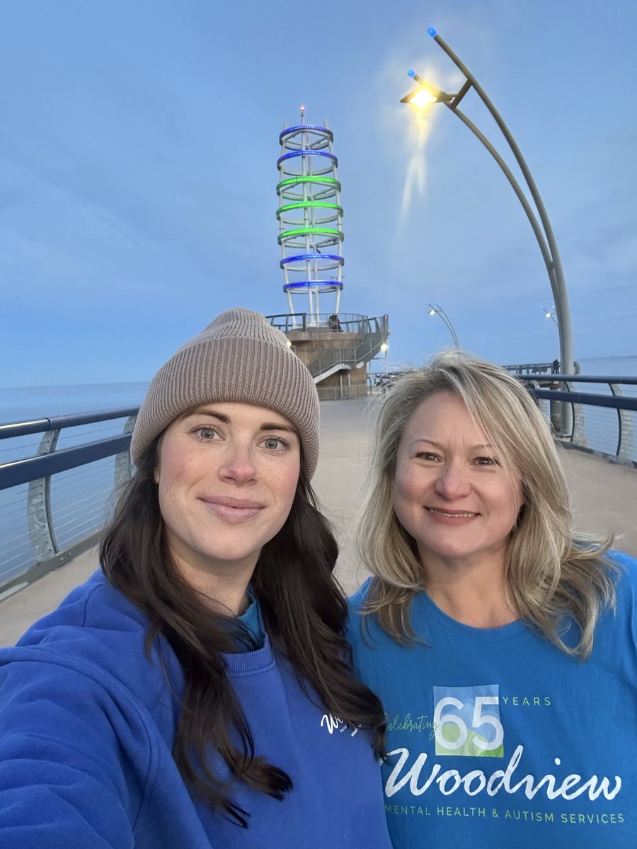 WoodviewMHAS's tweet photo. ✨ What a sight! The Brant Street Pier is glowing in Woodview blue and green tonight — a beautiful tribute as we celebrate our incorporation back on November 21, 1960!  

Thank you to the @cityburlington for honouring our 65th anniversary in such a meaningful way.  💙💚 https://t.co/czmbrDG9YD
