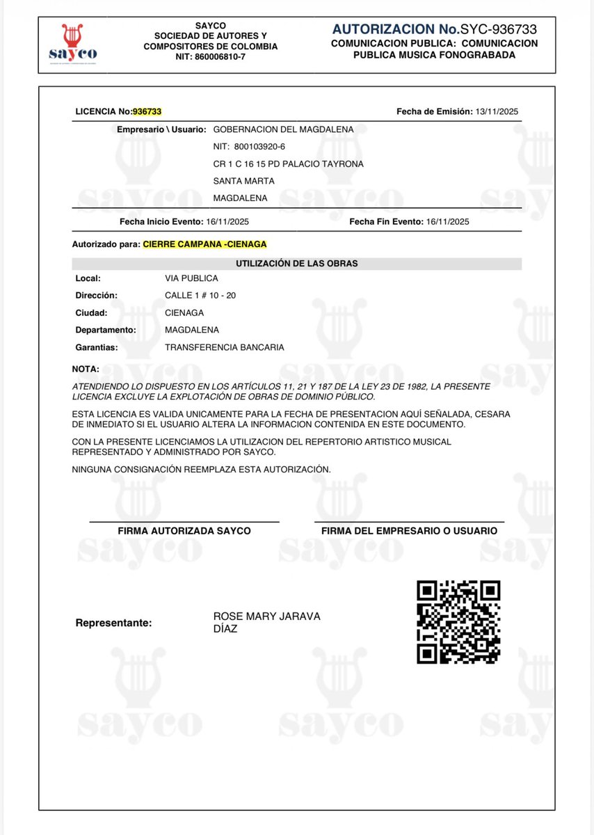 rafaelnoyag's tweet photo. De manera descarada, la @MagdalenaGober, a cargo de la gobernadora (E) @padillaingris, realizó el pago del impuesto de Sayco para el desarrollo del evento de cierre de campaña del movimiento político del cual hace parte, incurriendo en peculado y presunta participación indebida en política. 

Por consiguiente solicito el nombramiento de un gobernador Ad Hoc para asuntos electorales e inicio de una investigación disciplinaria, fiscal y electoral, para que existan garantías el próximo 23 de noviembre. 

@petrogustavo @AABenedetti @PGN_COL @FiscaliaCol @CGR_Colombia