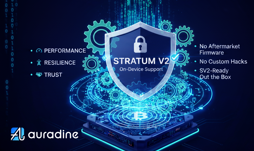 Auradine_Inc's tweet image. Stratum V2 is now native on @Auradine_Inc Teraflux™ miners: encrypted, efficient, secure-by-default communication with no custom firmware or risky mods.

We’re proud to advance industry-wide adoption with @StratumV2, @DEMAND_POOL, and @BraiinsMining.

#StratumV2 #Braiins