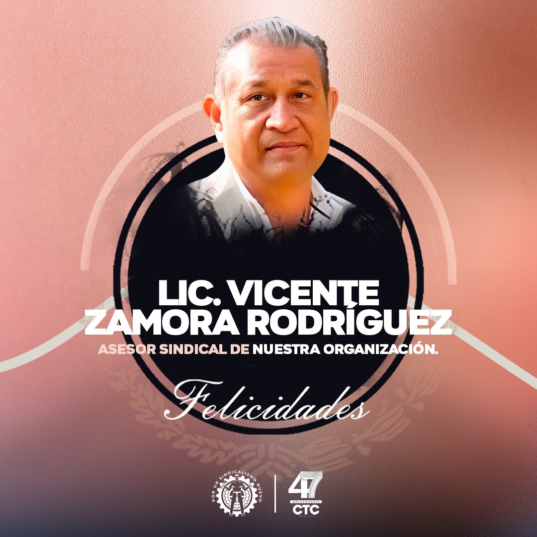Extendemos una felicitación al Lic. Vicente Zamora Rodríguez, Asesor Sindical de nuestra organización, con motivo de su cumpleaños. 

Le deseamos un año lleno de bienestar.