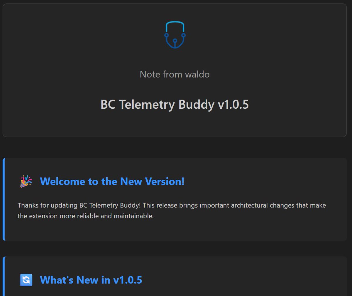 waldo1001's tweet image. BC Telemetry Buddy

New version - big overhaul - now with independent MCP, improved agent &amp;amp; chat participant, dedicated config with multi-profile support (including migration from old setup), ...

The &quot;Setup Wizard&quot; will guide you .. I hope 🤪.

Enjoy! 

#msdyn365bc