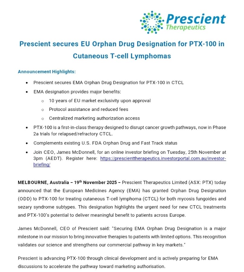 StoicInvestors's tweet photo. ๐ฆ๐บ $PTX Prescient secures EU Orphan Drug Designation for PTX-100 in CTCL.
This has been on the WL for some time, catalyst forming for 2026.
๐ช๐บ Europe is a big focus for them.
DYOR - Not Held (Starter Position soon post DD)
#asx #asx200 #stockmarket #pharma #microcapgem https://t.co/lFlkHf8eU4