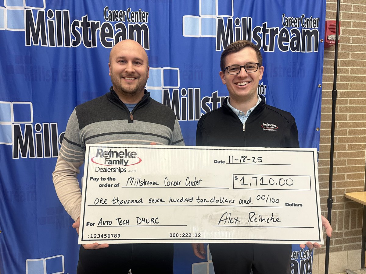 Reineke Family Dealerships &amp; Ford Motor Company presented a donation check to Millstream Career Center from our Drive 4 UR Community event.

“Millstream plays a vital role in preparing students for careers and strengthening our automotive workforce,” said Alex Reineke.

#D4URC