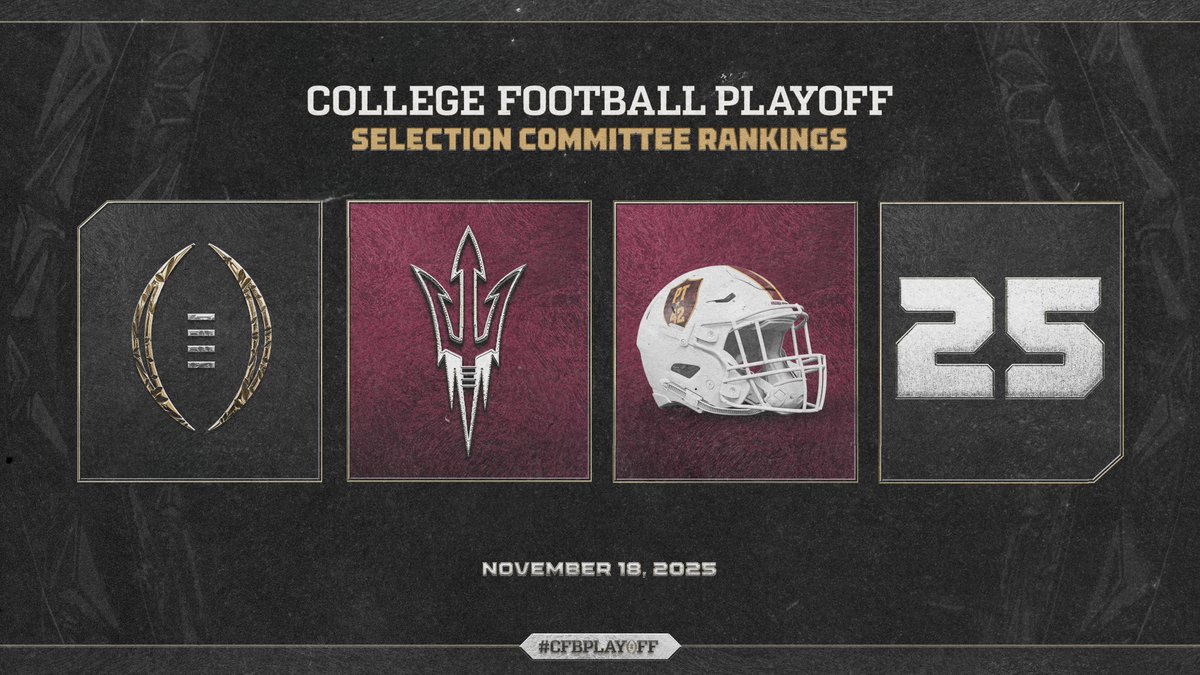 November 1️⃣8️⃣ College Football Playoff Selection Committee Rankings

2️⃣5️⃣. Arizona State // <a href="/ASUFootball/">Sun Devil Football</a>

#CFBPlayoff 🏈🏆