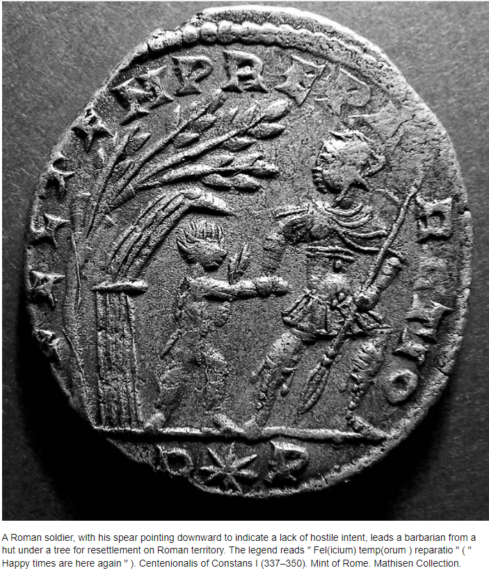 lefineder's tweet image. A coin depicting a Roman soldier leading a Barbarian for resettlement on Roman territory.
Inscribed: &quot;Happy times are here again&quot;, 337-350 AD.
