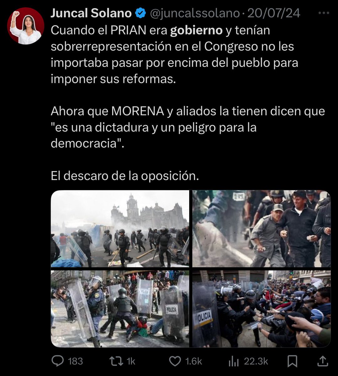 GlodeJo07's tweet image. ¿O sea que si la policía reprimía en tiempos del PRI y PAN era “un gobierno represor” pero si la policía reprime en tiempos de MORENA “está bien?

Alch cállate Juncal, verte dar maromas aplaudiendo lo que antes criticabas me da asco, no pensé que te humillaras tanto