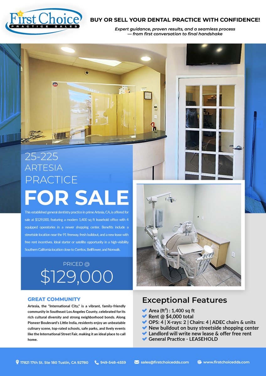 FirstChoicePS's tweet image. 🦷 Dental practice for sale in Artesia, CA!
✅ 4 operatories, 1,400 sq ft
✅ 2 digital X-rays, updated Adec units
✅ Prime shopping center near 91 freeway
✅ Asking Price: $129K, low rent + free rent on new lease

📞 Visit to sign up for more information - firstchoicedds.com/dental-office-……