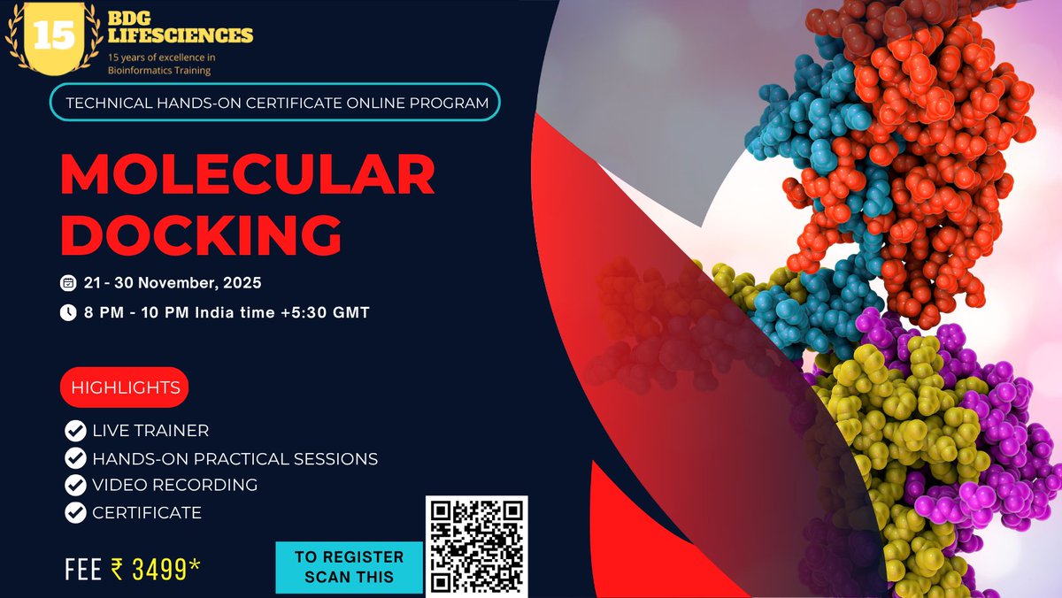 biodiscovery's tweet image. #MolecularDocking is shaping tomorrow’s #drugdiscovery. BDG Lifesciences opens its next hands-on program—built for learners who want real technical capability, not lectures. Starts 8 Oct, 8 PM IST. bdglifesciences.com/event/molecula… 
#ComputationalBiology #Bioinformatics  #LifeSciences