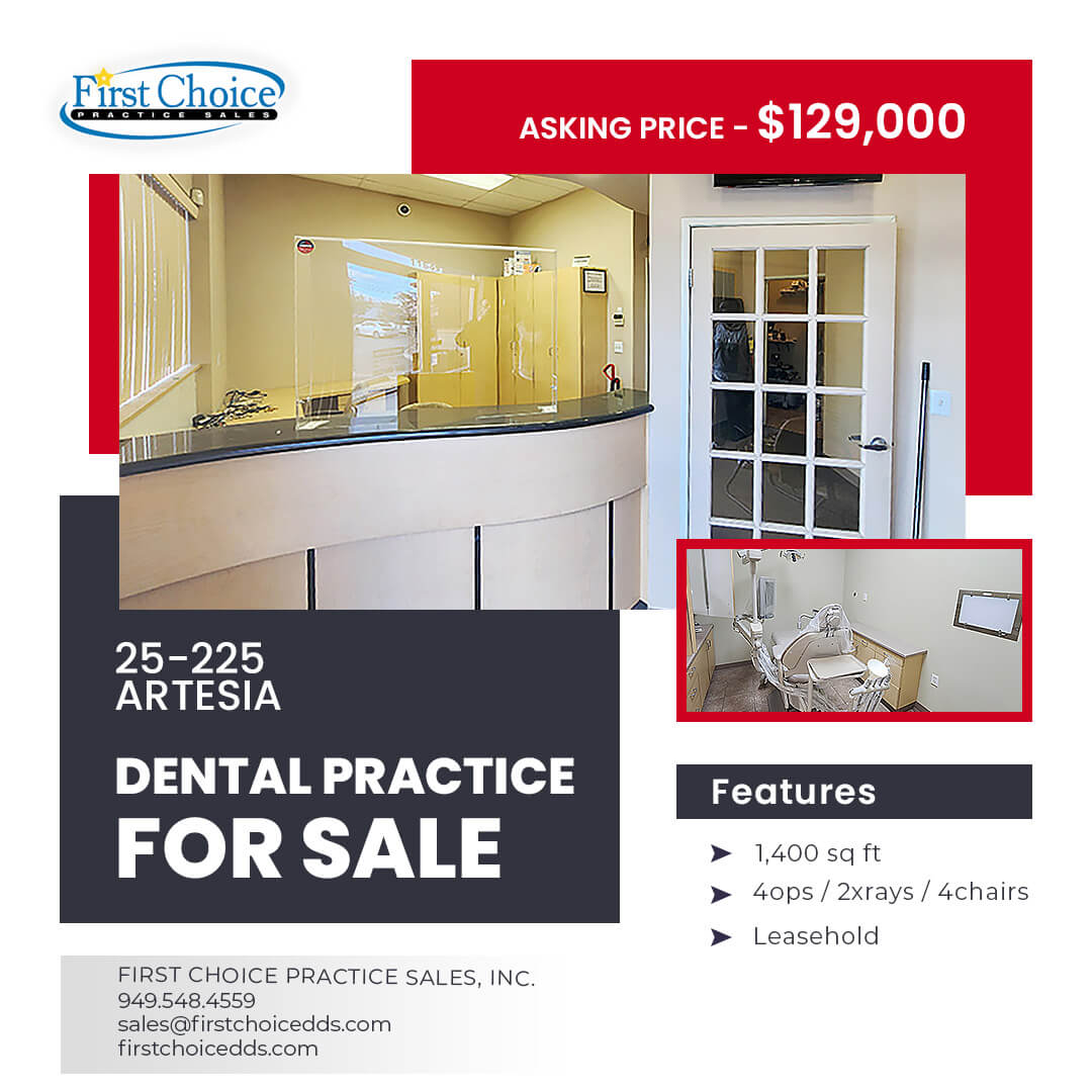 FirstChoicePS's tweet image. 🦷 Dental practice for sale in Artesia, CA!
✅ 4 operatories, 1,400 sq ft
✅ 2 digital X-rays, updated Adec units
✅ Prime shopping center near 91 freeway
✅ Asking Price: $129K, low rent + free rent on new lease

📞 Visit to sign up for more information - firstchoicedds.com/dental-office-……