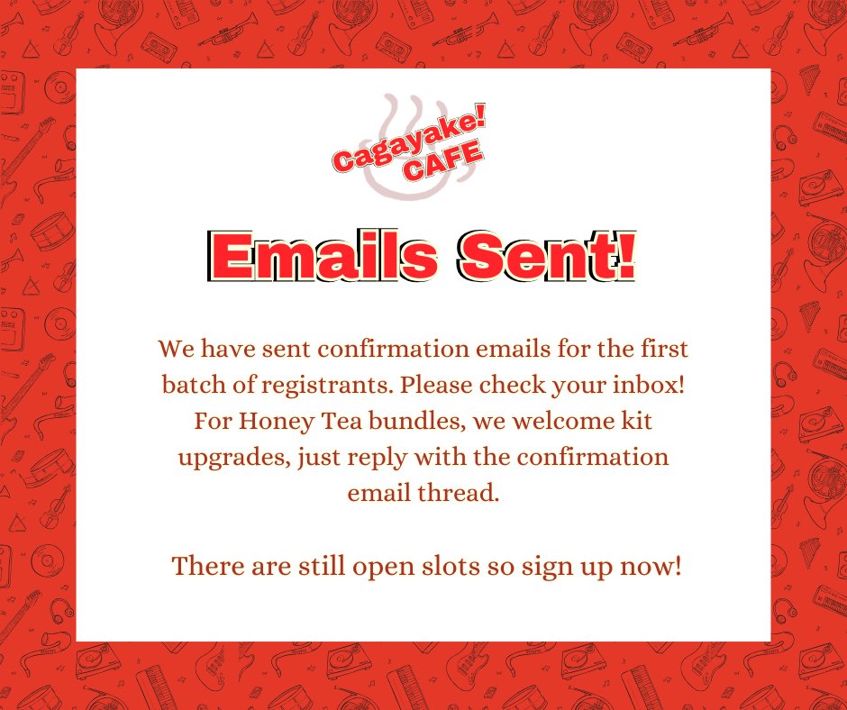 cagayakeCAFE's tweet photo. To our guests, check your email inbox! ✉

Join us on the first K-On!! PH CSE with fun performances and cute merch! 🎸

ONSITE 🔗: https://t.co/6HXgMEk5dG
MAIL ORDER 🔗: https://t.co/B6hVabm92K

#cagayakecafe #keionCSEPH #HTT https://t.co/lv1L0ixmmk