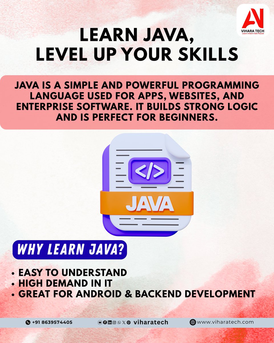 viharatech's tweet image. :🚀 Kickstart Your Coding Journey with Java!
Why Learn Java?
✔ Easy to understand
✔ High demand in IT
✔ Perfect for Android &amp;amp; backend developmentStart learning today and level up your skills with Vihara Tech! 🔥#Java #LearnJava #ProgrammingForBeginners