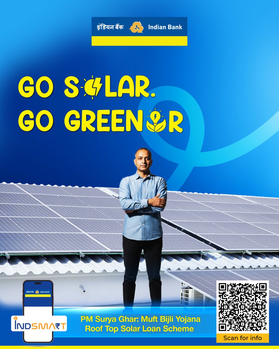 MyIndianBank's tweet image. Power your home with the energy of tomorrow. With Indian Bank’s Rooftop Solar Loan under PM Surya Ghar Yojana, switch to solar, save on bills, and contribute to a greener nation.
Know more - bit.ly/IB_PMSuryaGhar

#IndianBank