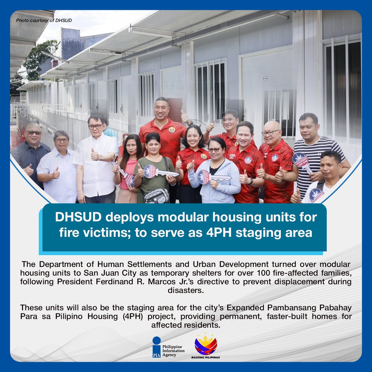 PIADesk's tweet image. In line with President @bongbongmarcos&apos; directive that no fire victims should be left displaced, @DHSUDgovph has turned over modular housing units to San Juan City to serve as temporary shelters for more than 100 families.
Read: pia.gov.ph/press-release/…
#IntegratedStateMedia