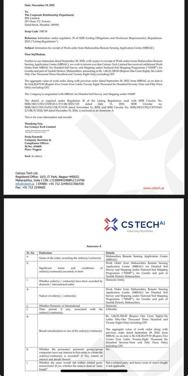 Vivek_Ruparel's tweet image. #ORDER #CEINSYSTECH 

Intimation for receipt of Work order from Maharashtra Remote Sensing Application Centre (MRSAC)