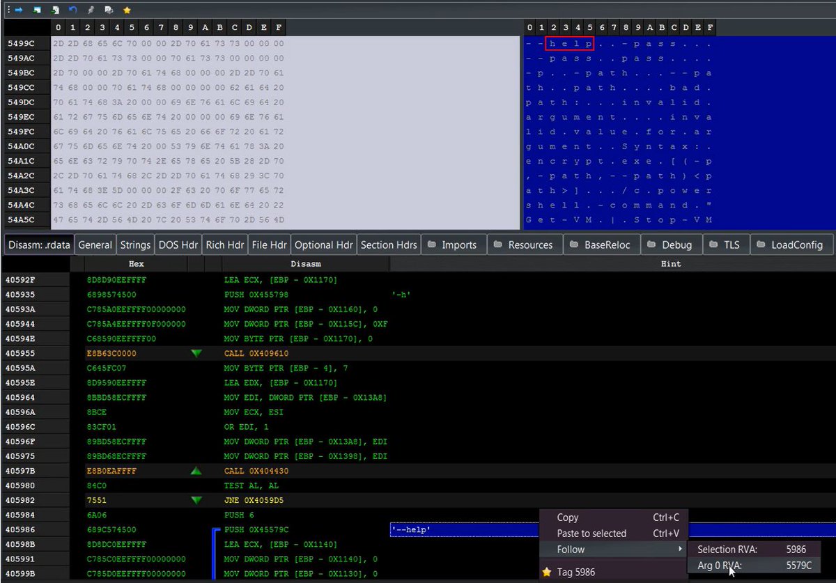 clibm079's tweet image. In PE-Bear’s Disasm view, “Follow arg 0 RVA” shows the RVA (Relative Virtual Address) of the first argument passed to a function. This makes it much easier to identify pointers to strings, structures, static configuration blocks, and other referenced data.💙
