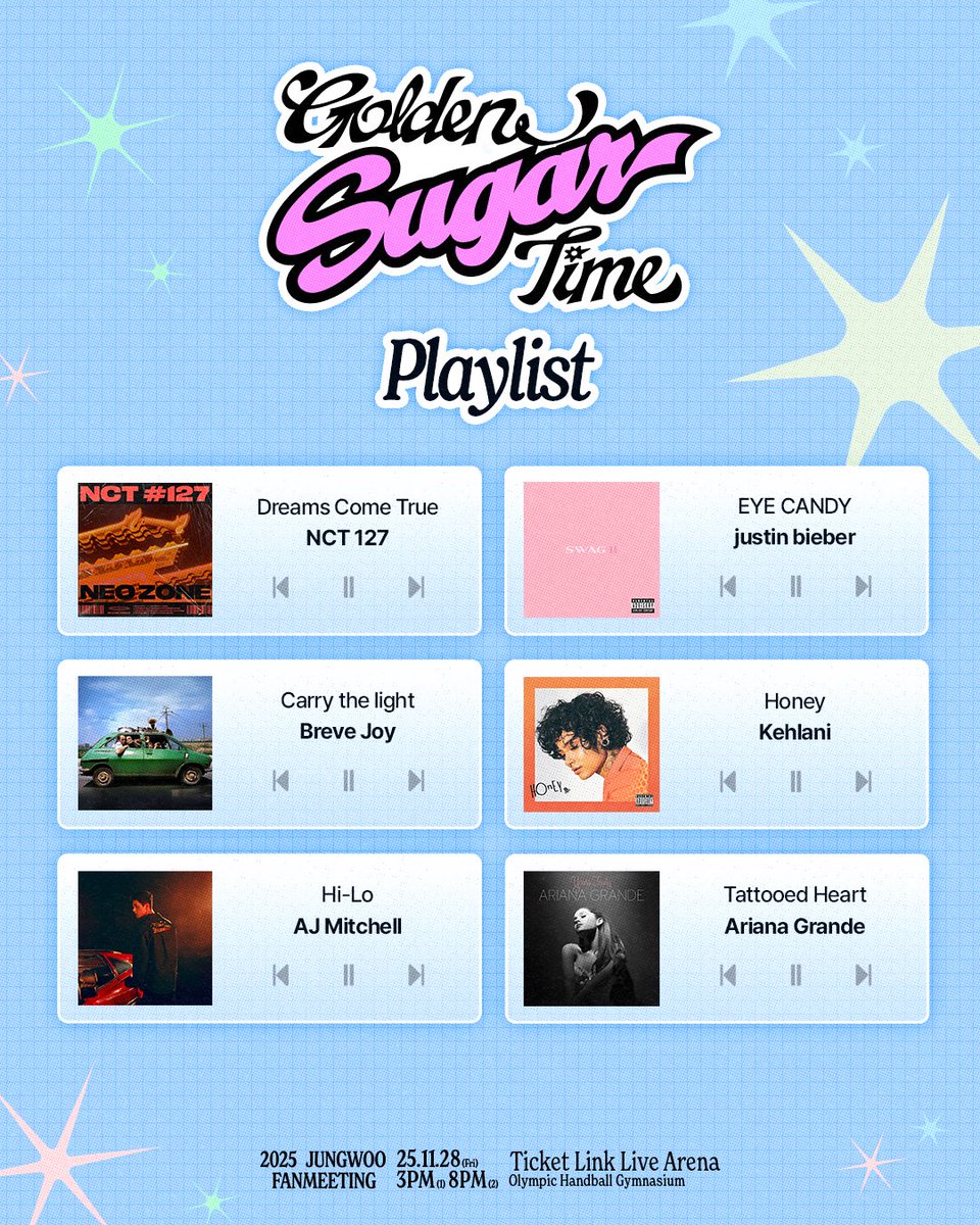 NCTsmtown's tweet image. [𝗣𝗹𝗮𝘆𝗹𝗶𝘀𝘁] 오늘도 기분 좋은 날 돼🎵 
정우의 달콤한 하루 플레이리스트🎧
 ⇆　　　　　◃ ❚❚ ▹　　　　　↻

2025 JUNGWOO FANMEETING [Golden Sugar Time] 
📅 2025.11.28(FRI) 3PM(KST)
📅 2025.11.28(FRI) 8PM(KST)
📍TICKET LINK LIVE ARENA

#JUNGWOO #NCT #NCT127…