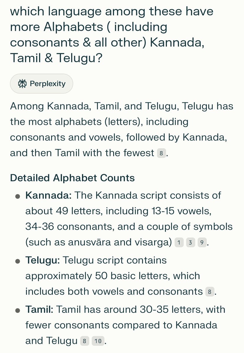 pardhu_leo's tweet image. Which languages among these have more Alphabets Kannada, Tamil &amp;amp; Telugu?

#Perplexity