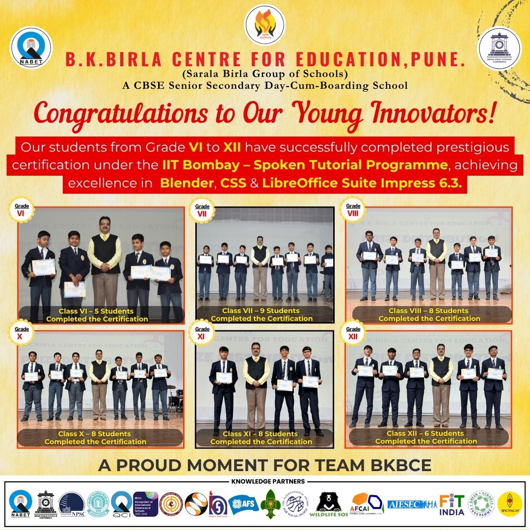 bkbcepune's tweet photo. 💡 Excellence Achieved!
Our students have successfully earned their certifications from IIT Bombay – Spoken Tutorial Program in Blender, CSS &amp; LibreOffice Impress.

#IITBombay #SpokenTutorial #StudentSuccess #TechEducation #DigitalSkills #BKBirlaCentreForEducation #BKBCE https://t.co/Zlp3W90wb7