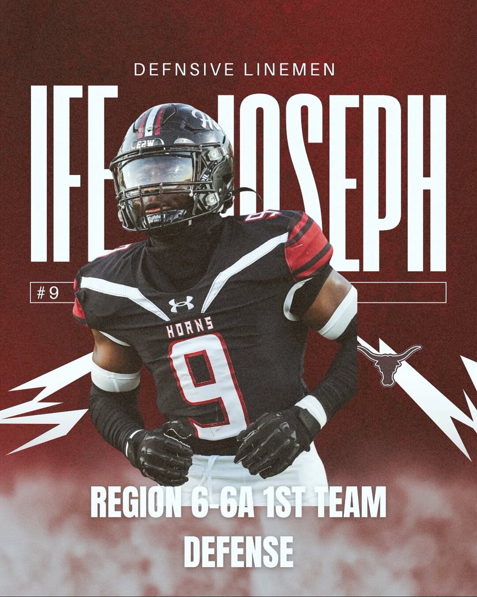 Congratulations to <a href="/thatguy_ife/">Ife “I9” Joseph</a> on being named 1st Team All Region Defensive Lineman, Ife had 34 Tackles, with 10 tackles for loss, 21 QBH and 1 forced fumble for the Horns 🤟