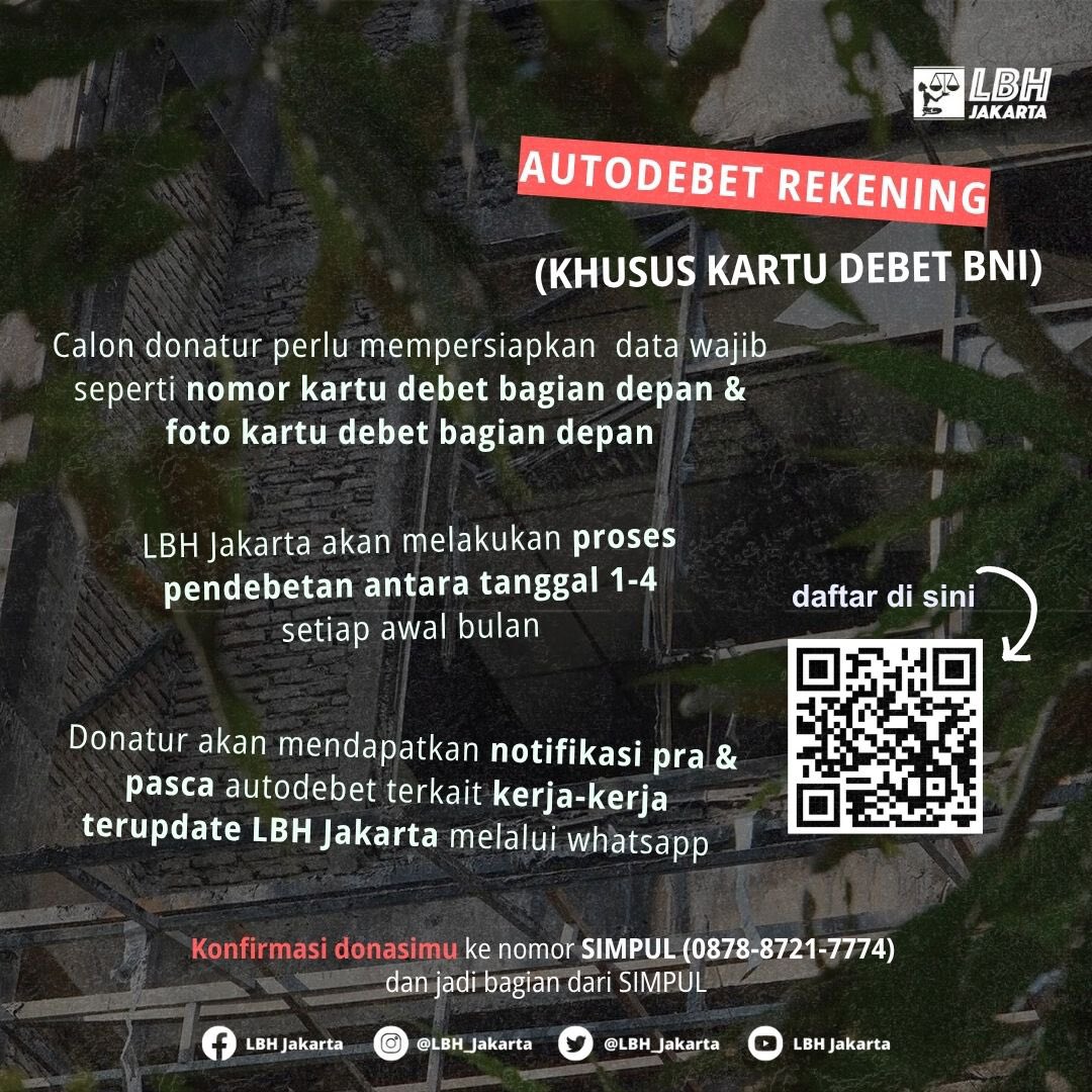 LBH Jakarta percaya bahwa kamu ngga harus turun ke jalan untuk bisa membantu mereka yang tertindas dan butuh bantuan hukum. Lewat SIMPUL (Solidaritas Masyarakat Peduli Keadilan), kamu bisa bantu kerja-kerja bantuan hukum secara berkelanjutan.