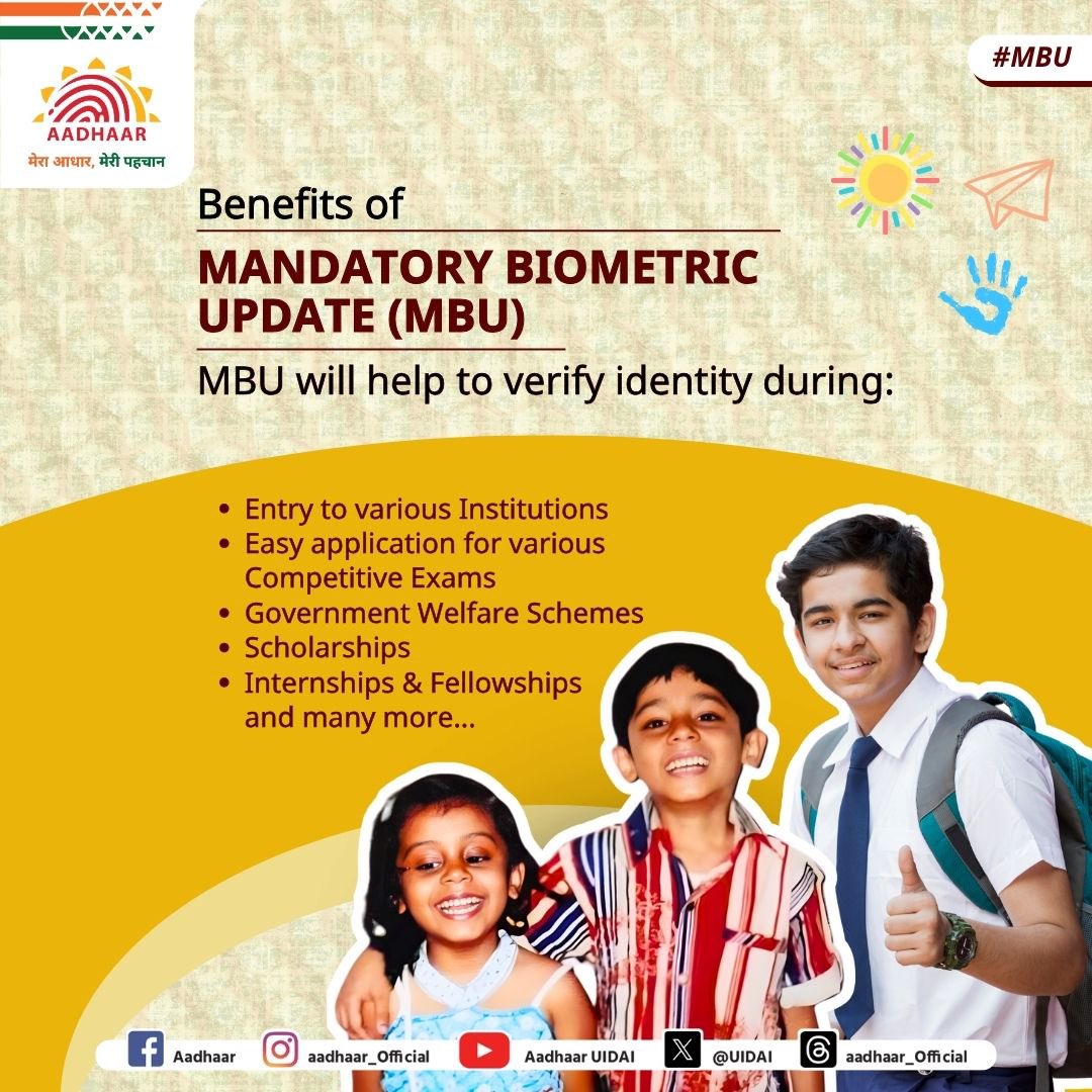 UIDAIBengaluru's tweet image. Give your child the power of a secure identity.
Update their biometrics in #Aadhaar at 5 and 15 years. It smoothens the identification process during school admissions, competitive exams, and enrolment for benefits through government schemes.

#MandatoryBiometricUpdate #MBU
