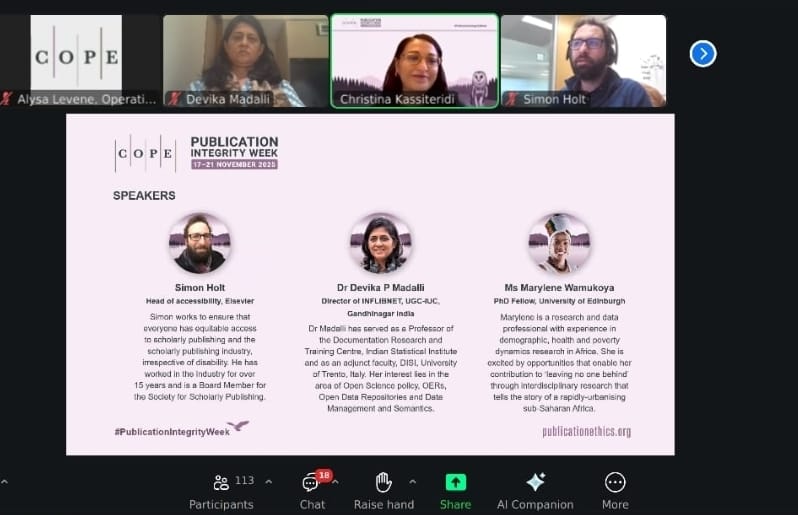 INFLIBNET's tweet image. Prof. @DevikaInflibnet, Director, @INFLIBNET participated in COPE Publication Integrity Week as a panelist in a vital discussion on peer review models. She shared expertise on open science, data management &amp;amp; scholarly publishing. #COPE #PublicationIntegrity