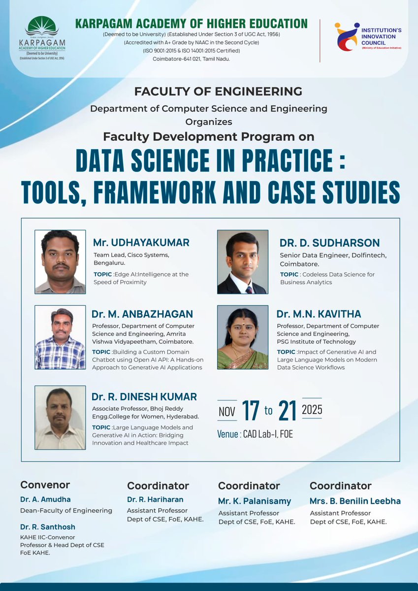 wekaheians's tweet image. The Faculty of Engineering – Department of Computer Science and Engineering proudly organizes a Faculty Development Program (FDP) on
“Data Science in Practice: Tools, Framework &amp;amp; Case Studies”.

 November 17–21, 2025
 CAD Lab – I, FOE

#FacultyDevelopmentProgram #DataScience