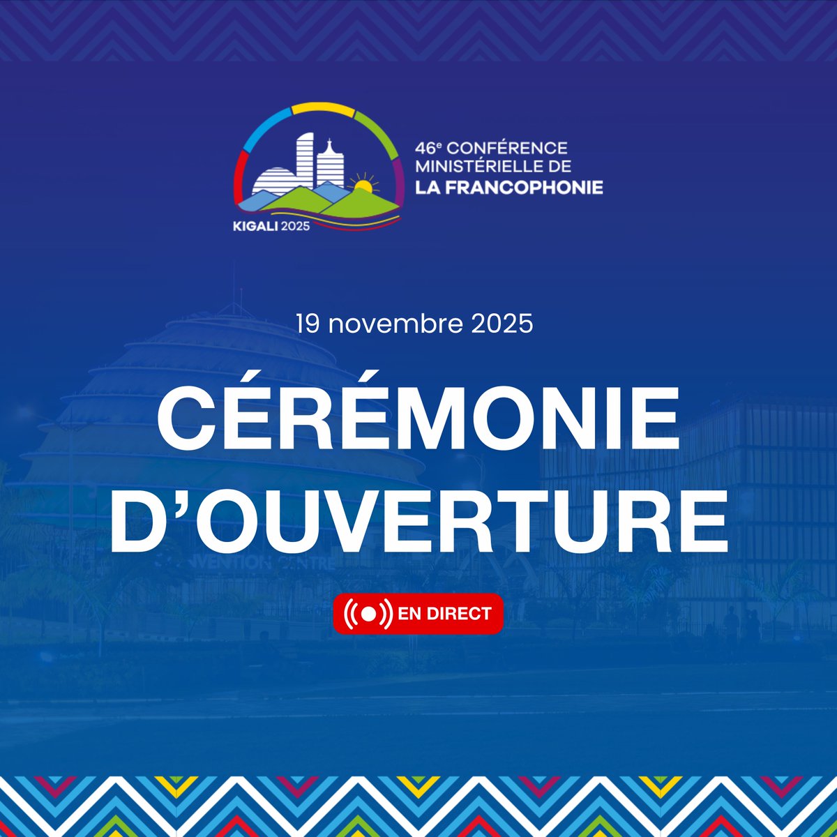 OIFrancophonie's tweet image. Rejoignez-nous en direct pour suivre la cérémonie d’ouverture de la 46e session de la Conférence ministérielle de la #Francophonie, qui s’ouvre aujourd’hui à Kigali, au #Rwanda.

🕘 à partir de 9h (heure de Kigali) | 8h (heure de Paris)

🔗 Suivre la cérémonie :…