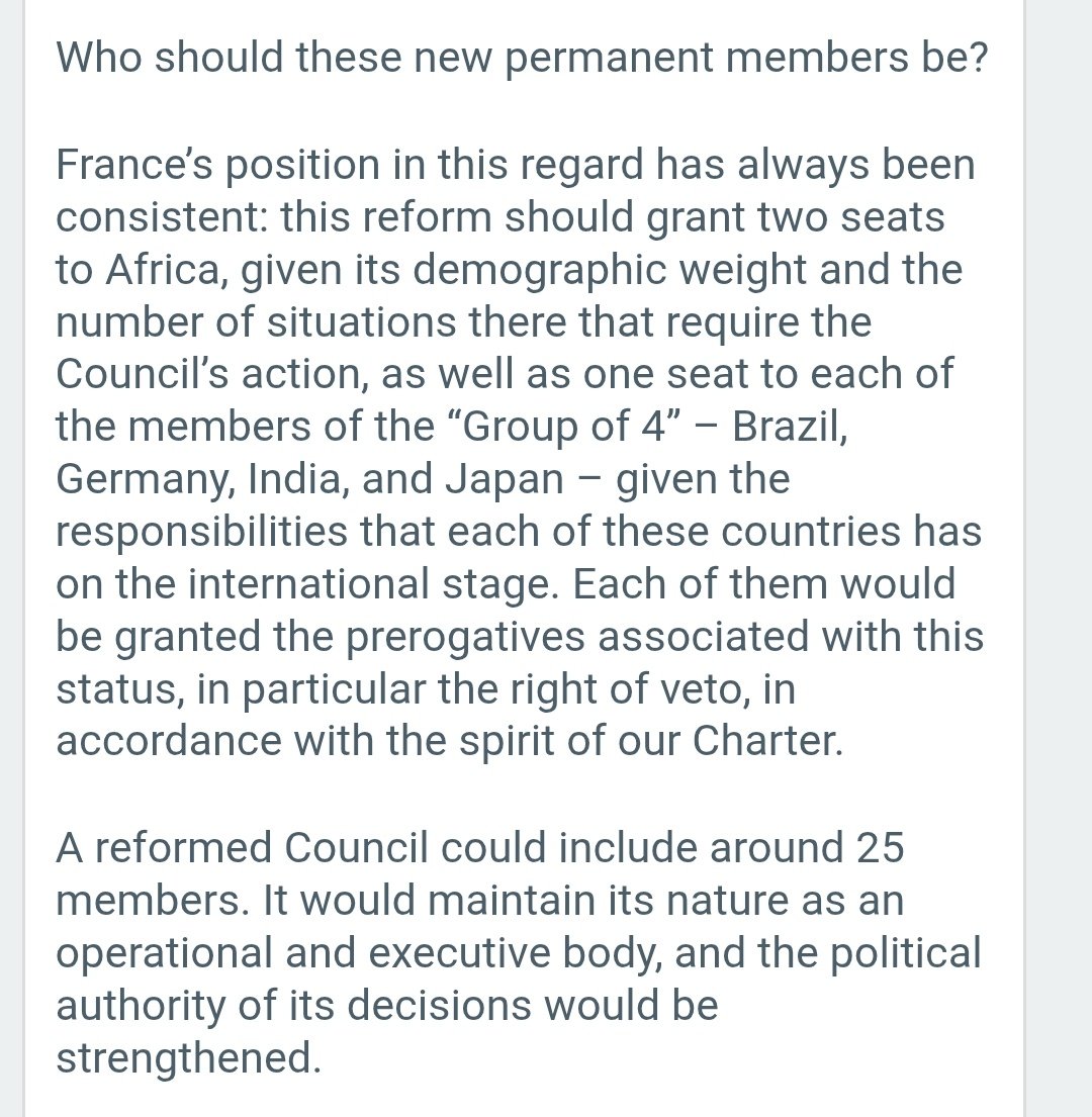 sidhant's tweet image. France Backs India as a permanent member of UNSC, with &apos;right of veto&apos;. Backs other G4 members - Japan, Germany, Brazil &amp;amp; 2 seats to Africa 

Statement at UN: