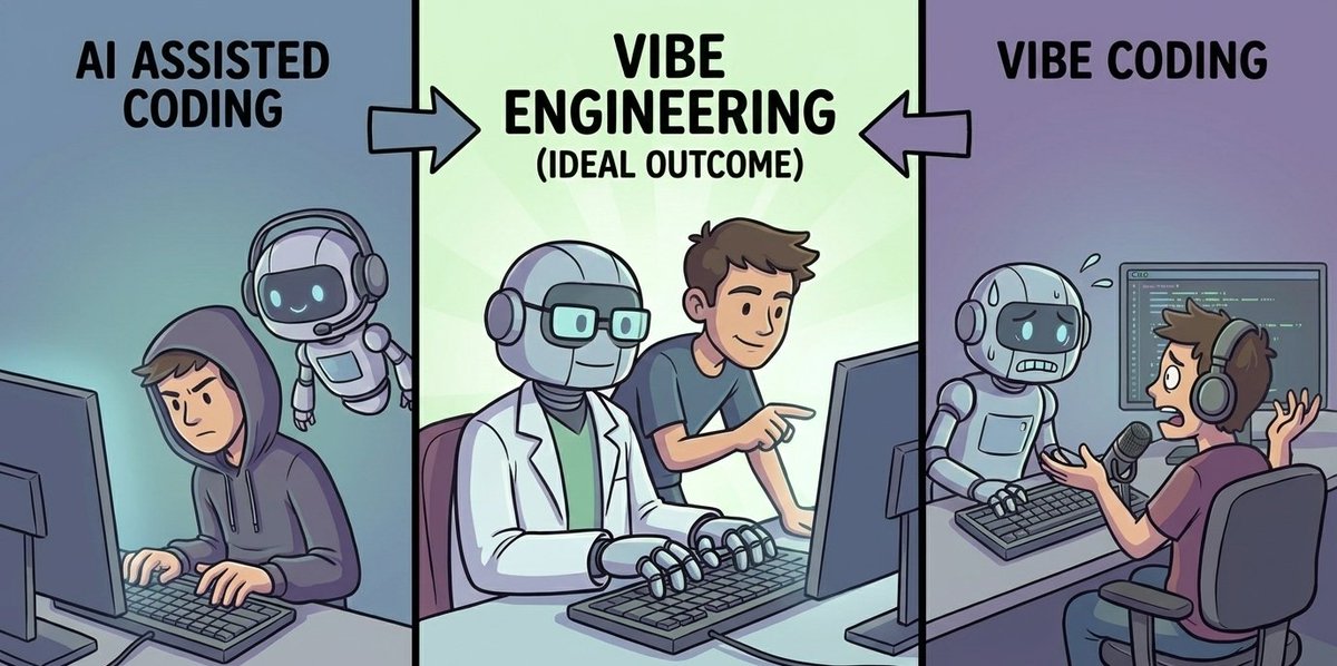 AI-assisted coding → Vibe Engineering ← Vibe Coding
We're confusing three different ways to code wi