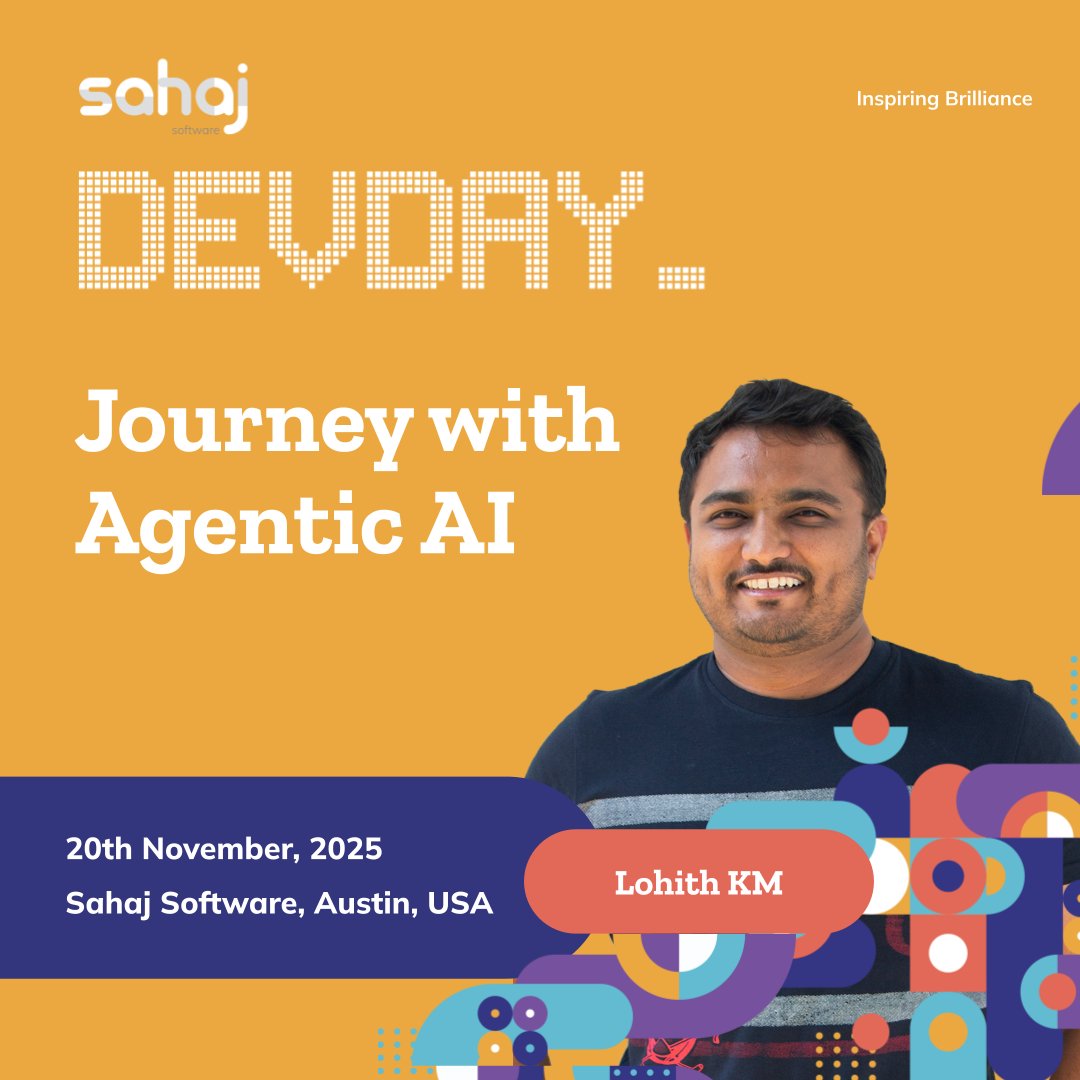 SahajSoftware's tweet image. Agentic AI is redefining how we build intelligent systems.
Join Lohith KM at #Devday in Austin as he breaks down real-world agent workflows, RAG use cases &amp;amp; engineering lessons.
📅 Nov 20 | 5:30–7:30 PM CT
🔗 sahaj.ai/events/journey…
#AgenticAI #SahajSoftware #austintexas #tech