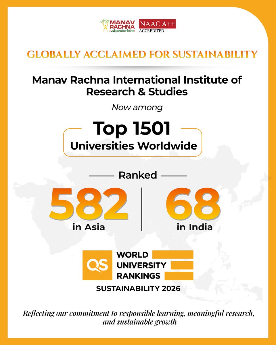 manav_rachna's tweet image. Purpose guided growth is the force that continues to define Manav Rachna’s rise. We are elated to share another milestone in this journey, with the latest 𝐐𝐒 𝐖𝐨𝐫𝐥𝐝 𝐔𝐧𝐢𝐯𝐞𝐫𝐬𝐢𝐭𝐲 𝐑𝐚𝐧𝐤𝐢𝐧𝐠𝐬: 𝐒𝐮𝐬𝐭𝐚𝐢𝐧𝐚𝐛𝐢𝐥𝐢𝐭𝐲 𝟐𝟎𝟐𝟔 recognising our advancing…