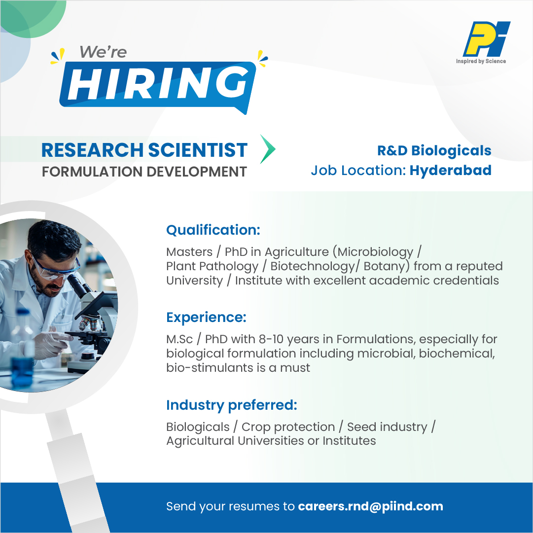 PIINDLTD's tweet image. #WeareHiring an experienced #ResearchScientist – #FormulationDevelopment to join our team in Hyderabad with 8–10 years of hands-on experience in biological formulations.

Send your resume to: careers.rnd@piind.com
Location: Hyderabad

#PI #PIIndustries #ResearchJobs #Scientist