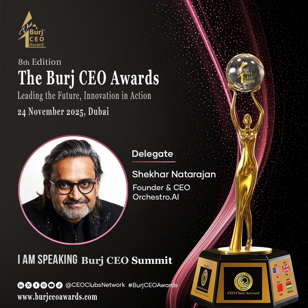 CEOClubsNetwork's tweet image. 🌟 Welcoming Transformative Innovation to the 8th Burj CEO Awards 2025! 🌍

We are honored to welcome Shekhar Natarajan, Founder &amp;amp; CEO Orchestro.AI, as a distinguished delegate.

#BurjCEOAwards #Delegate #Innovation #TechForGood #LogisticsReimagined