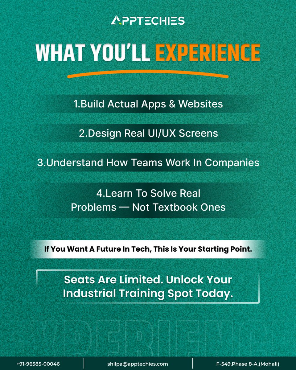 apptechies's tweet image. Want to turn your skills into a real tech career? 🚀
.
Join @apptechies Industrial Training in Chandigarh &amp;amp; Mohali and gain hands-on experience in Web &amp;amp; App Development. 
.
bit.ly/4kfFPeB
.
#TechCareer #IndustrialTraining #WebDevelopment #AppDevelopment #LearnByDoing