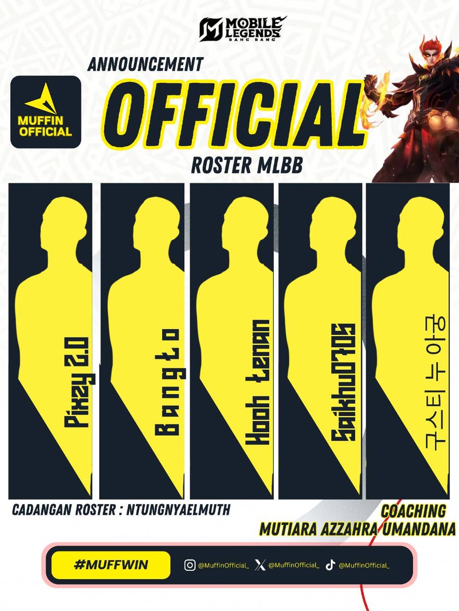 MuffinOfficial_'s tweet photo. ๐ฅANNOUNCEMENT OFFICIAL ROASTER MLBB๐ฅ
Berikut perwakilan dari MUFFIN yang akan bertanding untuk turnamen Mobile Legent yang diselenggarakan oleh @E11evte ๐๐
#MUFFWIN https://t.co/XF6NMbWZfU