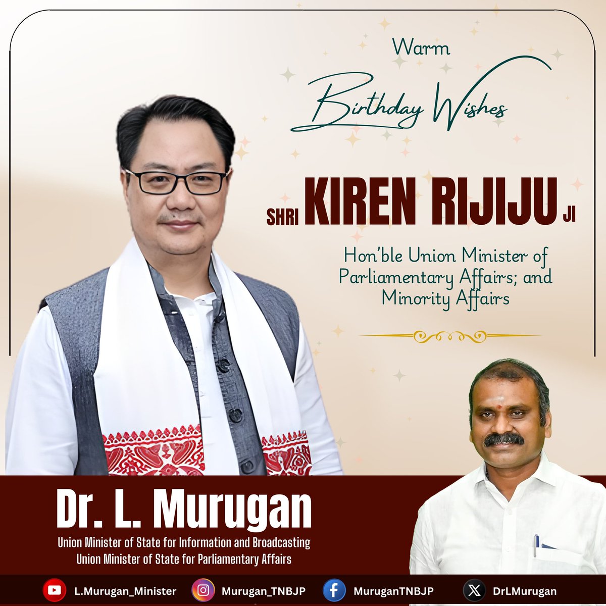 Warm birthday greetings to Shri.<a href="/KirenRijiju/">Kiren Rijiju</a> ji, Hon’ble Union Minister of Parliamentary Affairs, and Minority Affairs.

His dedication to strengthening Parliamentary processes and empowering communities across the nation is truly inspiring. Wishing good health, happiness, and