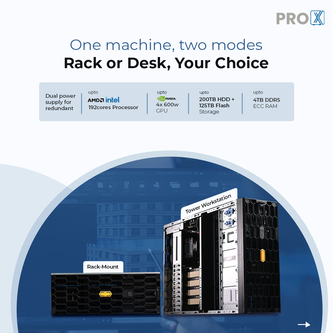 prox_pc's tweet image. Flexibility meets performance.

The Pro Maestro GQ works as a powerful desktop workstation and a rackmount server—no redesign, no downtime.

A compact 4-GPU machine built for fast-moving AI &amp;amp; data workloads.

👉 zurl.co/D6qnJ

#ProXPC #4GPUServer #AIserver #MadeInIndia
