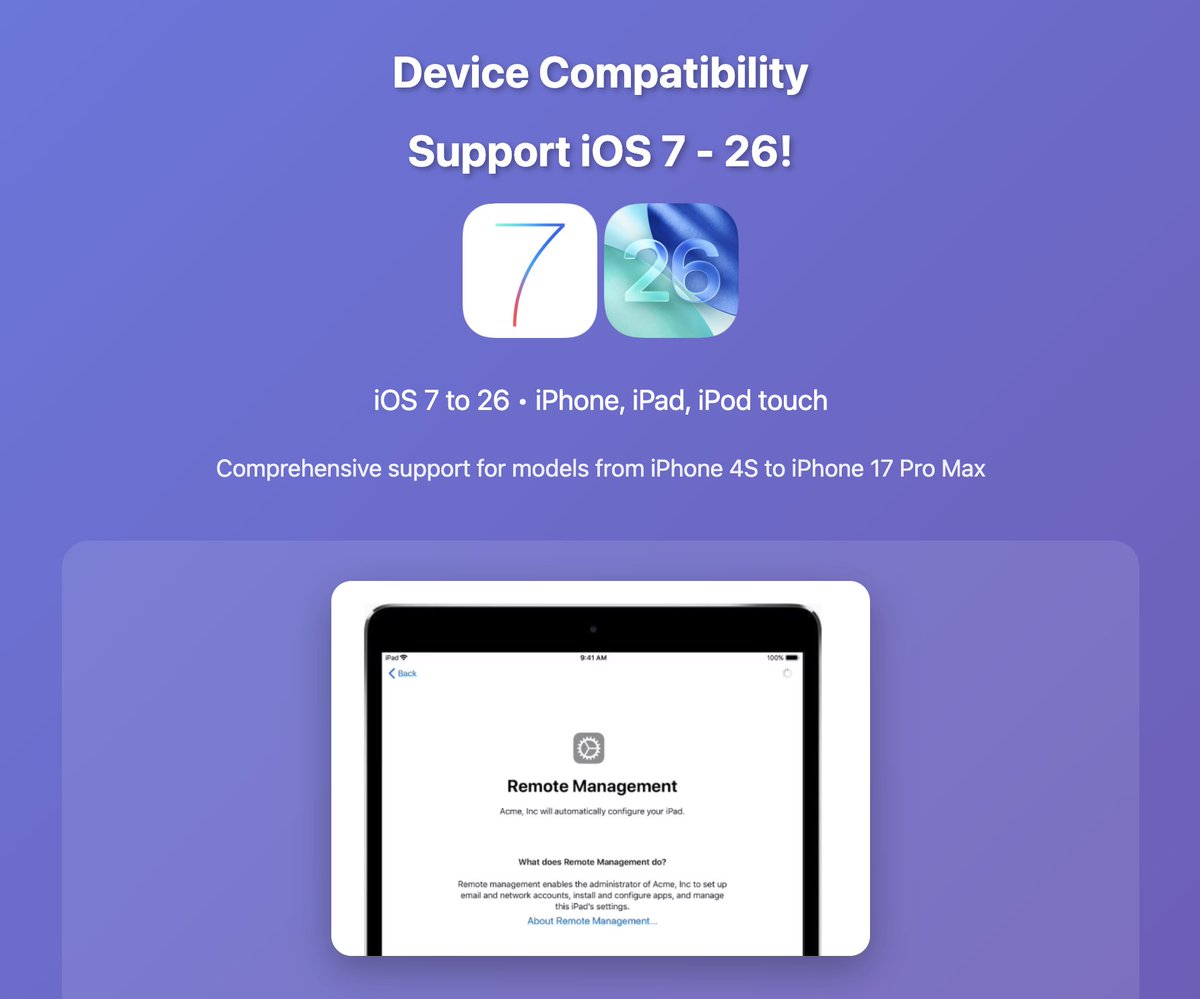 MrCreator1's tweet image. iMDM-Pro3 can remove MDM lock from your device using a bypass exploit. It also supports iOS 7, 8, 9, 10, 11, 12, 13, 14, 15, 16, 17, 18 and 26.

If you have an old device lying around, or got one second hand with Remote Management Lock, you can use this tool to bypass the lock…