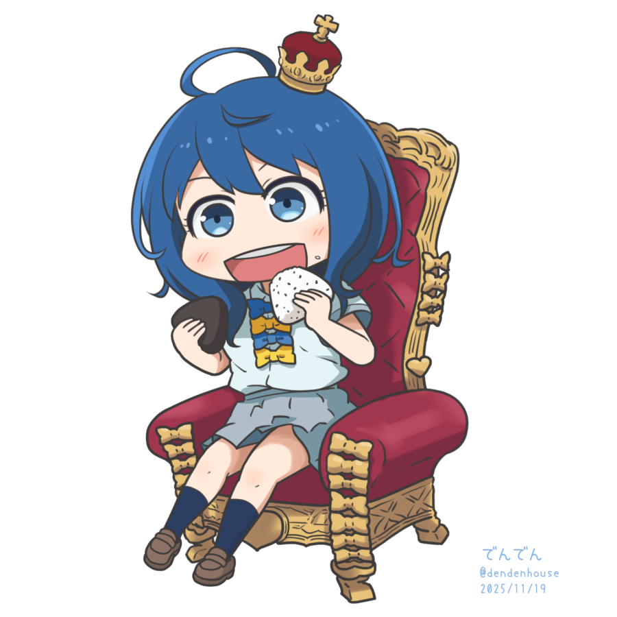 「玉座でおにぎりを食う八奈見さん ごま塩くんも食らい尽くします #マケイン #八奈」|でんでんのイラスト