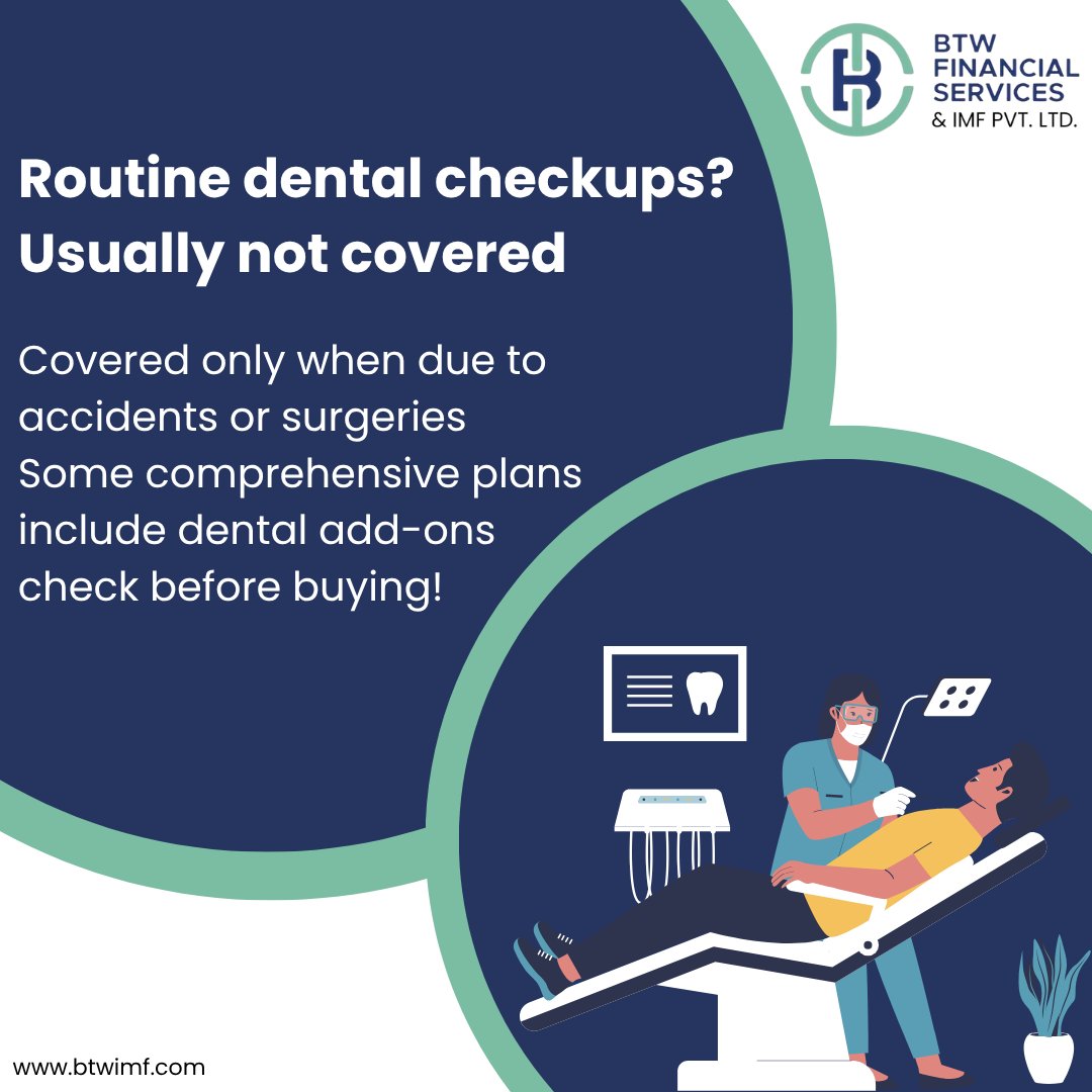 BtwImf's tweet image. Most health insurance plans don’t cover routine dental checkups—only accident or surgery-related care. Review dental add-ons first

#btwimf #healthinsurance #dentalcoverage #insurancetips
#btwfinancialservices #insuranceawareness #dentalcare #medicalinsurance #dentalcheckup