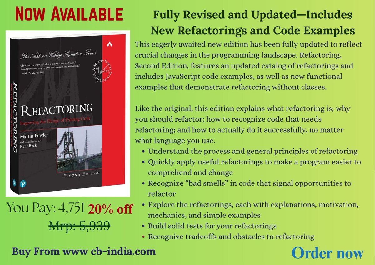 computerbookshp's tweet image. Refactoring, 2/e (Hardcover) (Bestseller): Improving the Design of Existing Code Martin Fowler (Author) @pearson  (Publisher) Buy from Computer bookshop using this link: tinyurl.com/mr48u5bj #softwaretesting #softwareengineering #computerbookshop #books