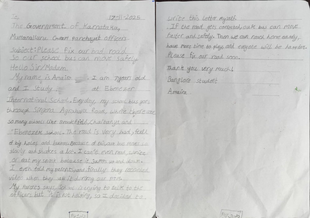 anushasanghvi's tweet photo. An honest letter to Govt of Karnataka from 7yr old, asking to fix a road broken for years. It's about every child who deserves a safe journey to school. Pls help in fixing this.@CMofKarnataka @DKShivakumar @PriyankKharge
@Tejasvi_Surya @GBAChiefComm @Namma_ECity @MLAMkrishnappa https://t.co/ED5ZjUr9fE