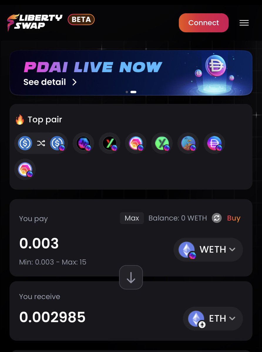 LibertySwapFi's tweet image. We are excited to share that our ETH liquidity has strengthened fast. The max size has expanded from about 4 ETH per transaction to 15 ETH per transaction and there is no daily limit.

Minimum size is 0.003 ETH per transaction.

You can send your small ETH dust or your large ETH…