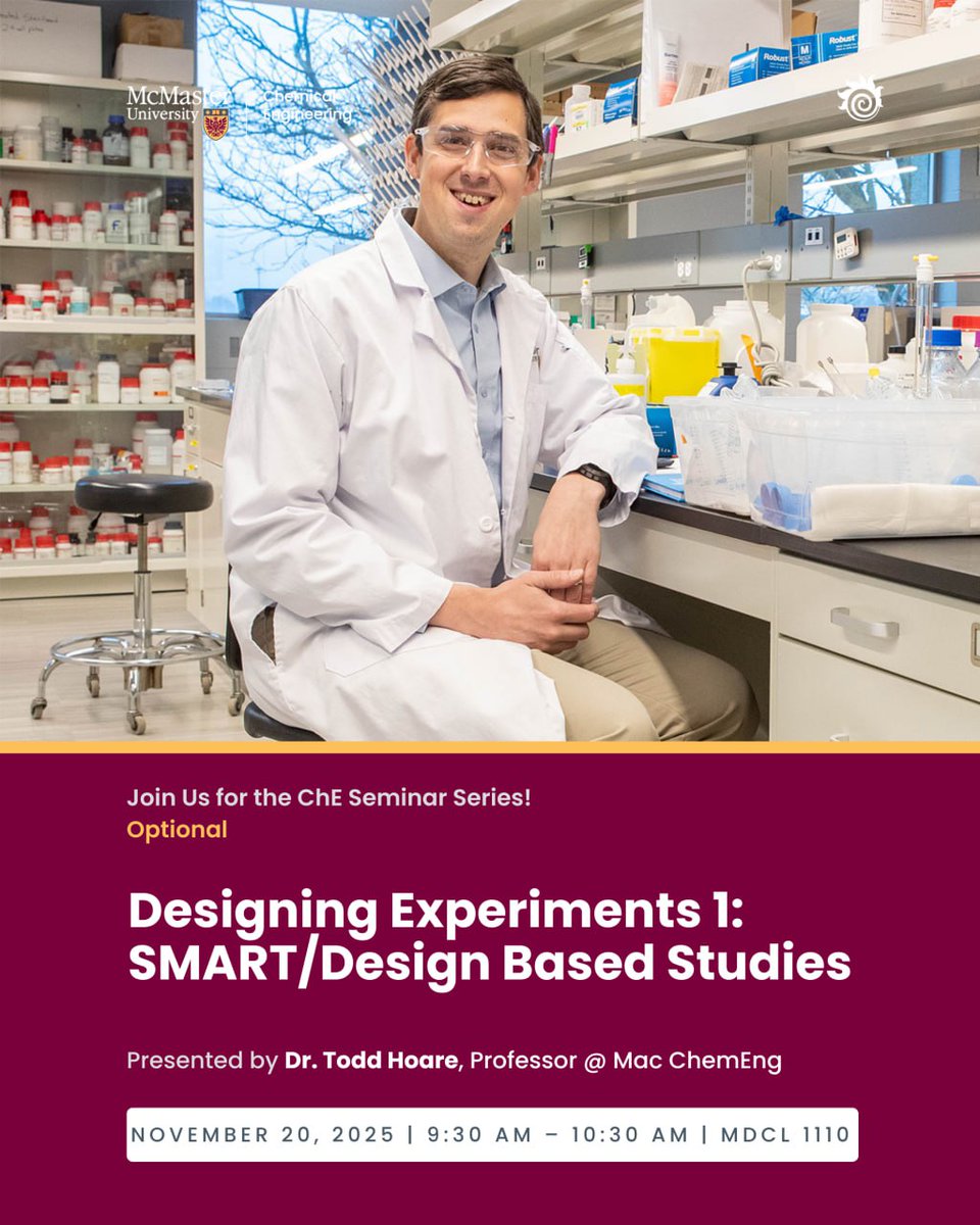 Mac_ChemEng's tweet image. 🎓 Grad Workshop – Designing Experiments 1: SMART/Design-Based Studies with Prof. Todd Hoare

🕤 9:30AM | MDCL 1110

#ChemicalEngineering #McMasterEngineering #GradSchool