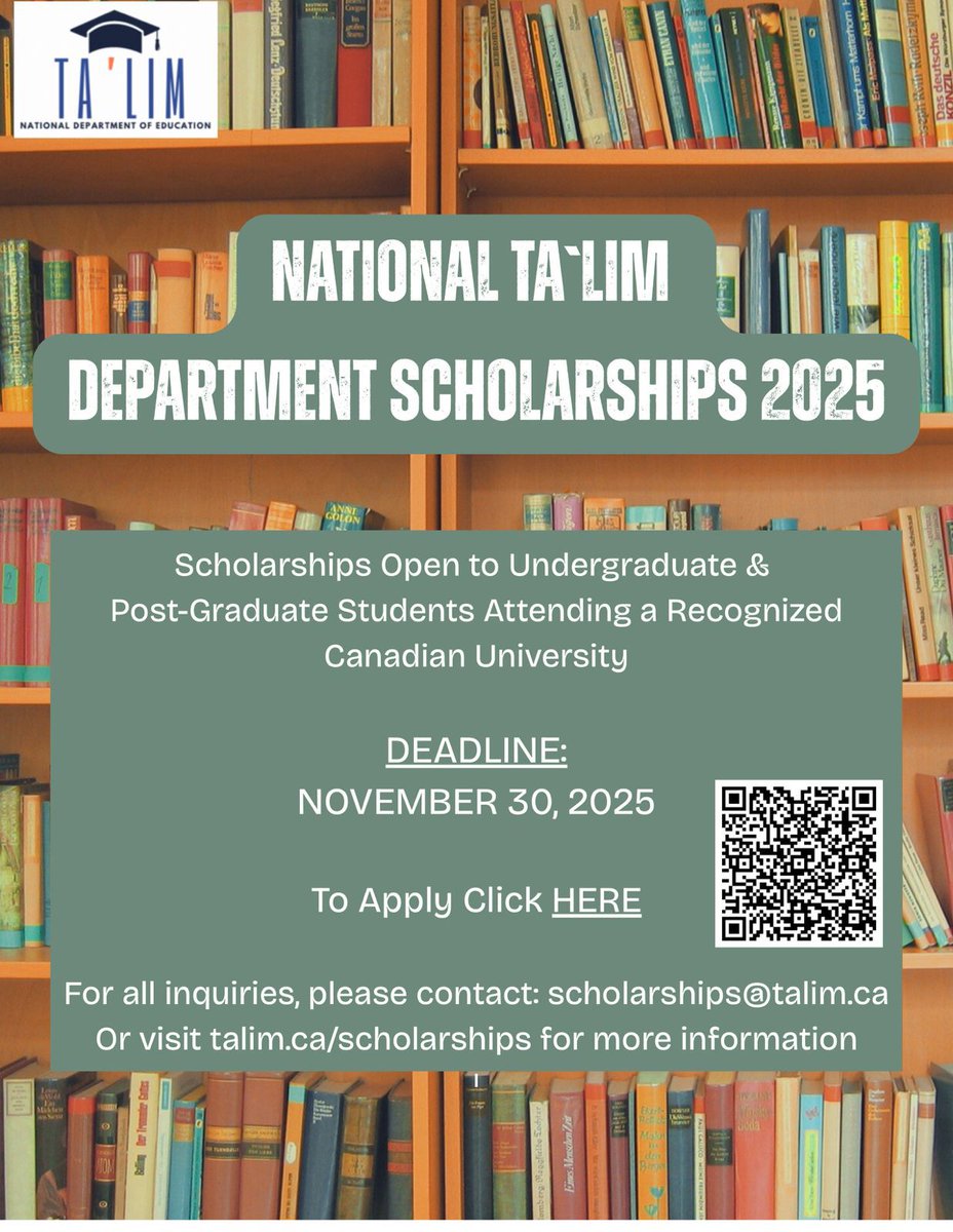 TalimCanada's tweet image. 📢 SCHOLARSHIPS 2025 ARE OPEN! 🎓

Undergraduate &amp;amp; graduate students are invited to apply for the Education Scholarships.

Deadline: November 30th, 2025

Find all details, requirements, &amp;amp; the application link here: talim.ca/scholarships

#Scholarships #Education #IslamAhmadiyya