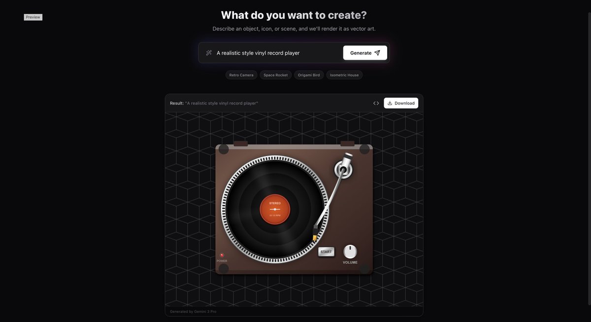 用 Gemini 3 Pro 生成了一个黑胶唱片机，加上交互就一个黑胶唱片播放器了，太强了
