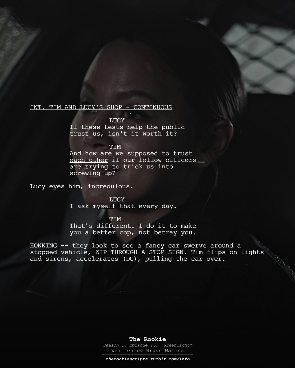 rookie_scripts's tweet image. Tim and Lucy talk about IA&apos;s tests. (As Seen)

— THE ROOKIE
Season 1, Episode 16: “Greenlight”
Written by Brynn Malone

#TheRookie #TheRookieScripts