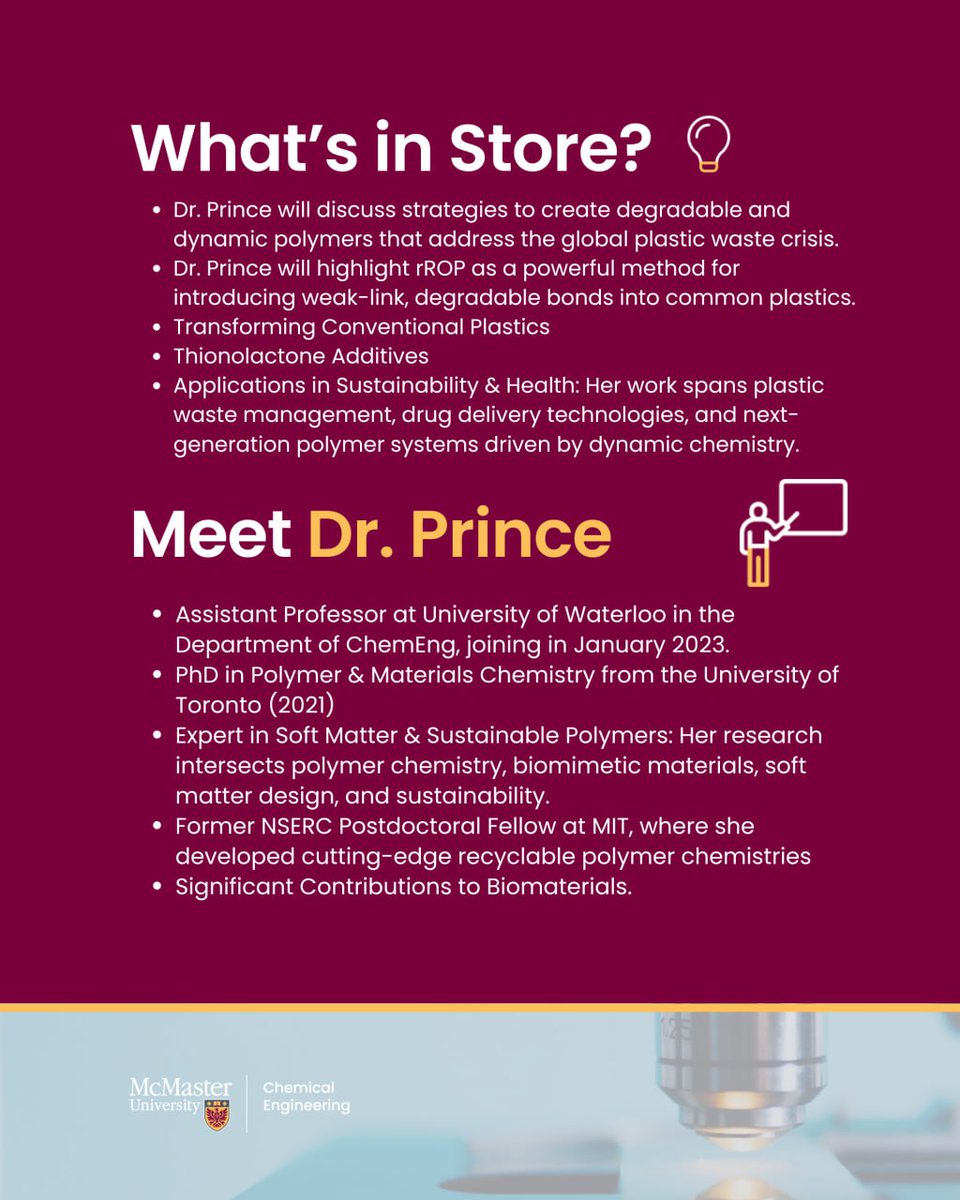 Mac_ChemEng's tweet image. 🔬 Seminar: Degradable &amp;amp; Dynamic Polymers
Speaker: Dr. Elisabeth Prince (@UWaterloo)

🕤 9:30AM | MDCL 1110

#Sustainability #PolymerChemistry #McMasterEngineering